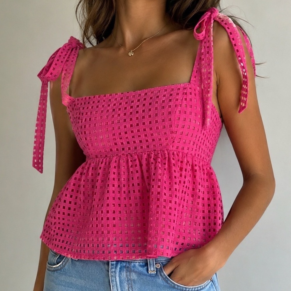 TCEC Pink Eyelet Babydoll Peplum Tie Shoulder Tank Top‎ CT8314 Hot Pink Large gg